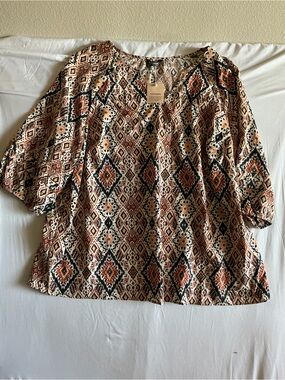 BloomChic Geometric Peasant Blouse - Beige, Rust, Black